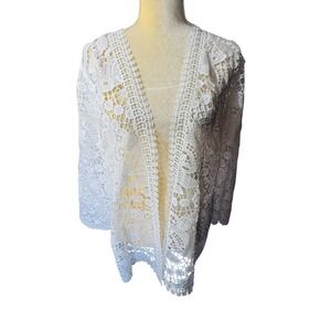 Chico's Size 3 White Lace Open Front Jacket Cardigan
